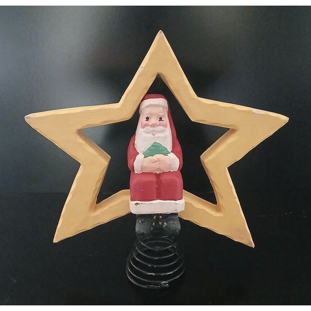 Tree Topper Santa Sitting on a Star Wood & Metal Springy Holiday Decoration 9.5"